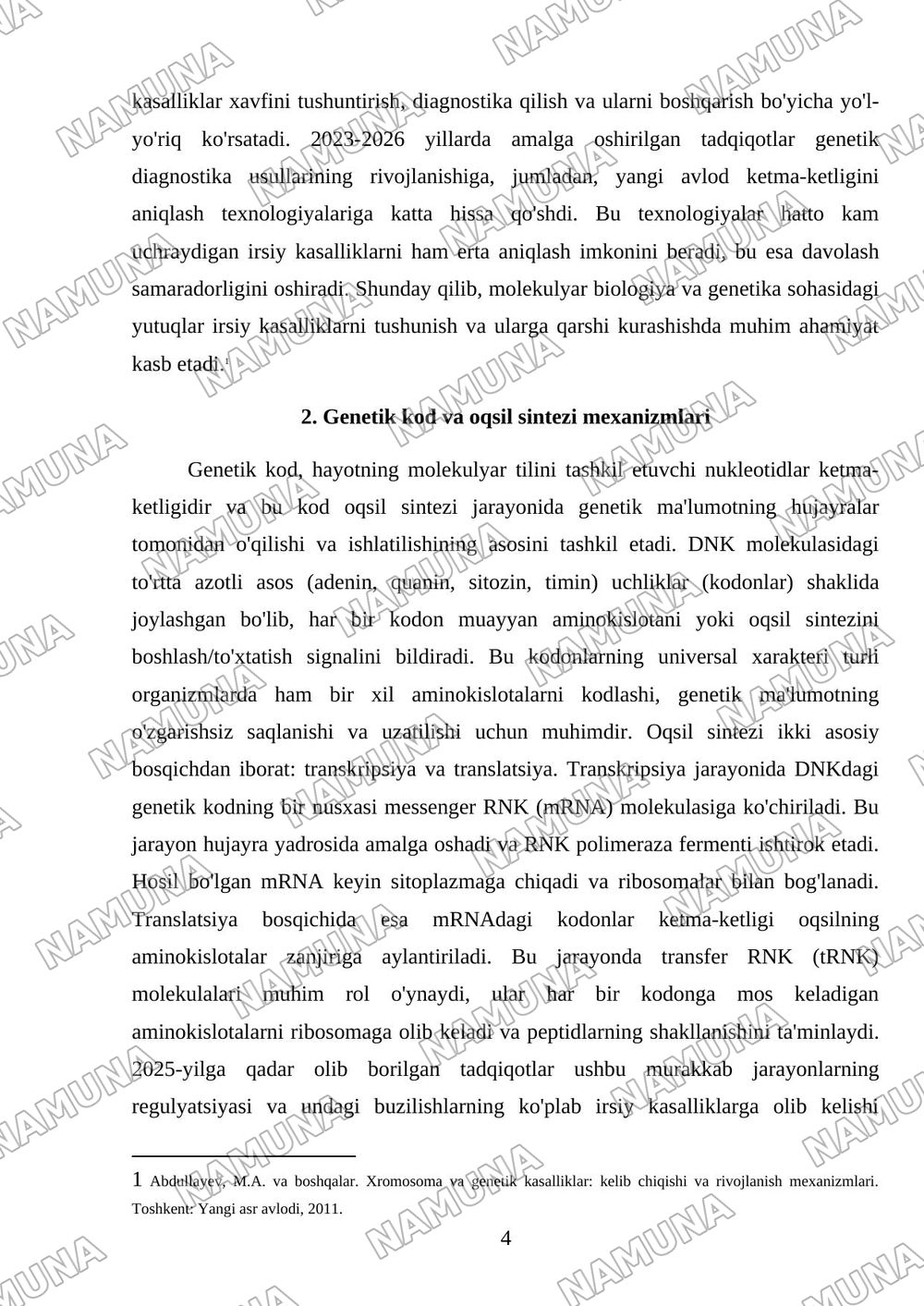 Irsiyatning molekulyar asoslari. Irsiy kasalliklar: xromosoma va gen kasalliklari. tibbiy- genetik maslaxat. — 4-varaq