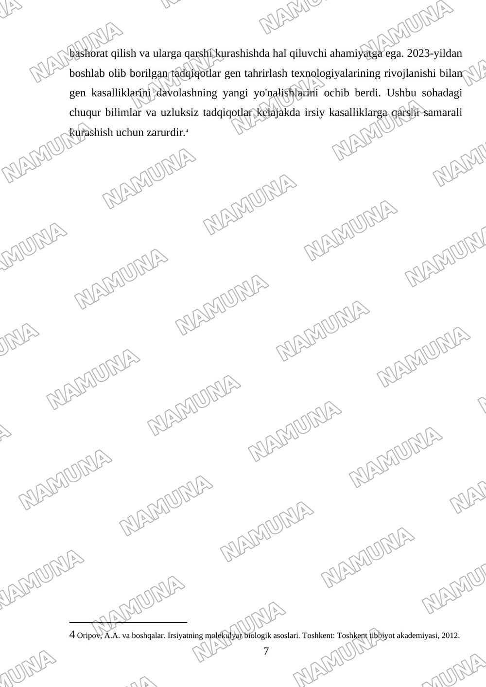 Irsiyatning molekulyar asoslari. Irsiy kasalliklar: xromosoma va gen kasalliklari. tibbiy- genetik maslaxat. — 7-varaq