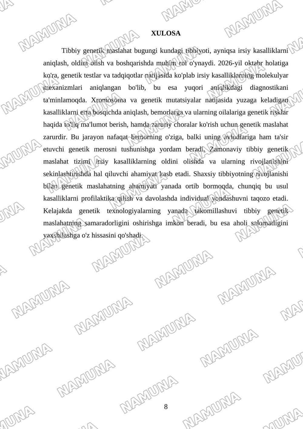 Irsiyatning molekulyar asoslari. Irsiy kasalliklar: xromosoma va gen kasalliklari. tibbiy- genetik maslaxat. — 8-varaq