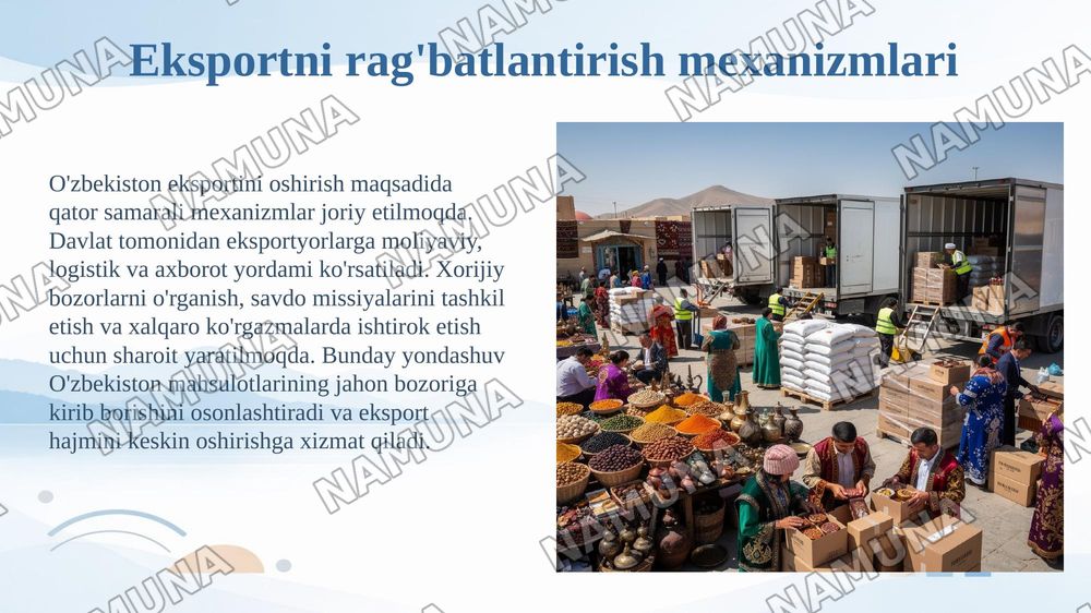 O'zbekistonning tashqi savdo siyosatining ustuvor yo'nalishlari — 5-slayd