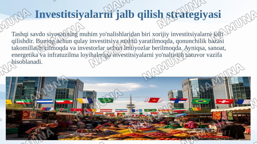O'zbekistonning tashqi savdo siyosatining ustuvor yo'nalishlari — 8-slayd
