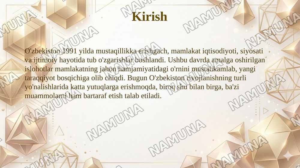 Mustaqil O'zbekiston:rivojlanish yonalishlari va muammolari — 3-slayd