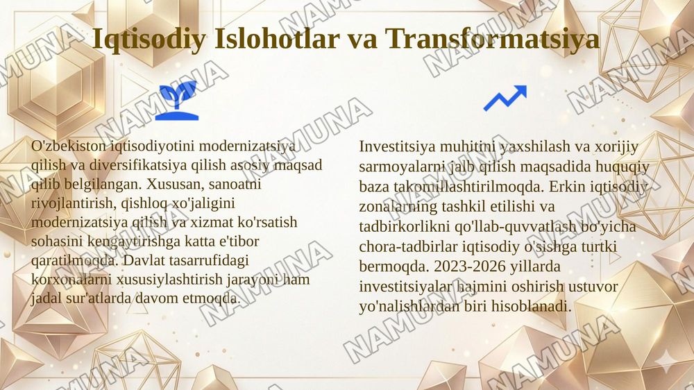 Mustaqil O'zbekiston:rivojlanish yonalishlari va muammolari — 4-slayd
