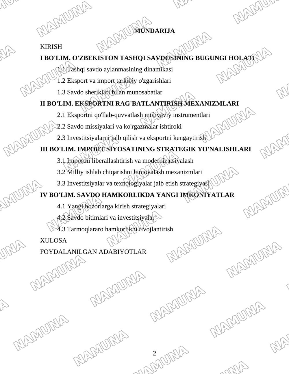 O'zbekistonning tashqi savdo siyosatining ustuvor yo'nalishlari — 2-varaq