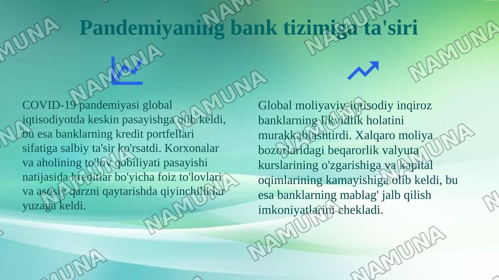 Ўзбекистонда коронавирус пандемияси ва глобал молияий-иқтисодий инқирози шароитида банк тизимини давлат томонидан янада мустаҳкамлаш ва ривожлантириш йўналишлари. — 4-slayd