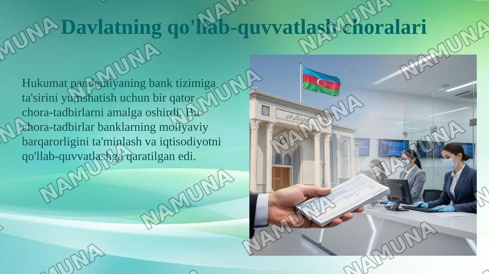 Ўзбекистонда коронавирус пандемияси ва глобал молияий-иқтисодий инқирози шароитида банк тизимини давлат томонидан янада мустаҳкамлаш ва ривожлантириш йўналишлари. — 5-slayd
