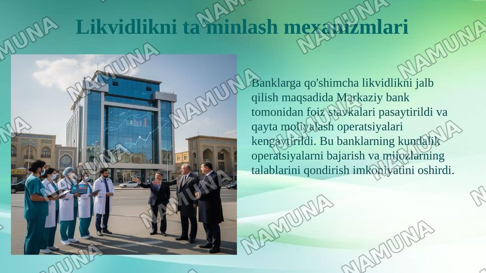 Ўзбекистонда коронавирус пандемияси ва глобал молияий-иқтисодий инқирози шароитида банк тизимини давлат томонидан янада мустаҳкамлаш ва ривожлантириш йўналишлари. — 6-slayd