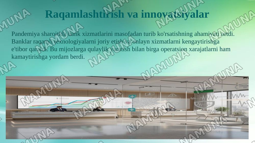 Ўзбекистонда коронавирус пандемияси ва глобал молияий-иқтисодий инқирози шароитида банк тизимини давлат томонидан янада мустаҳкамлаш ва ривожлантириш йўналишлари. — 8-slayd