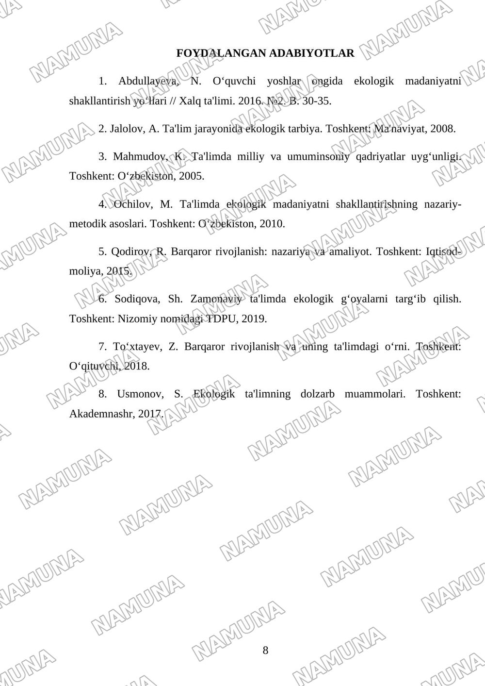 Talimda ekalogik madaniyat va barqaror rivojlanish g‘oyalarini shakllantirish — 8-varaq