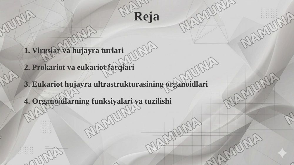 Viruslar. Pro-eukariot hujayralarning oʻziga xos tuzilishi va farqlari. Eukariot hujayralarning ultrastrakturaviy tuzilishi — 2-slayd