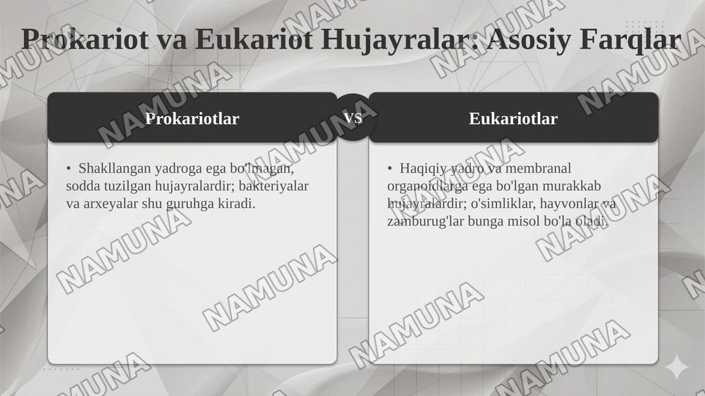 Viruslar. Pro-eukariot hujayralarning oʻziga xos tuzilishi va farqlari. Eukariot hujayralarning ultrastrakturaviy tuzilishi — 5-slayd
