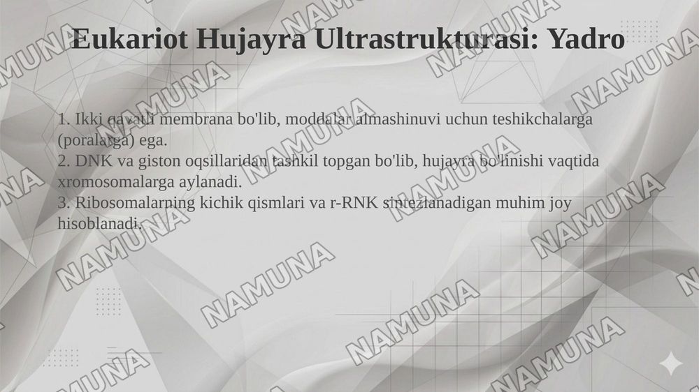 Viruslar. Pro-eukariot hujayralarning oʻziga xos tuzilishi va farqlari. Eukariot hujayralarning ultrastrakturaviy tuzilishi — 7-slayd