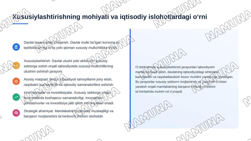 Oʻzbekistonda mulkni davlat tasarufidan chiqarish va xususiylashtirishning hozirgi zamondagi xususiyatlari asosiy shakillari va usullari — 3-slayd