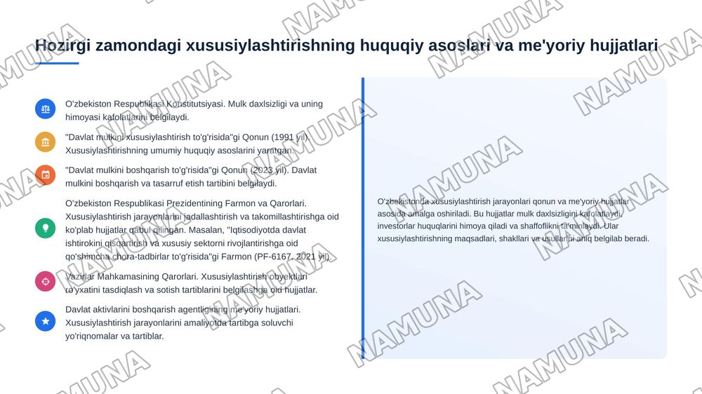 Oʻzbekistonda mulkni davlat tasarufidan chiqarish va xususiylashtirishning hozirgi zamondagi xususiyatlari asosiy shakillari va usullari — 6-slayd