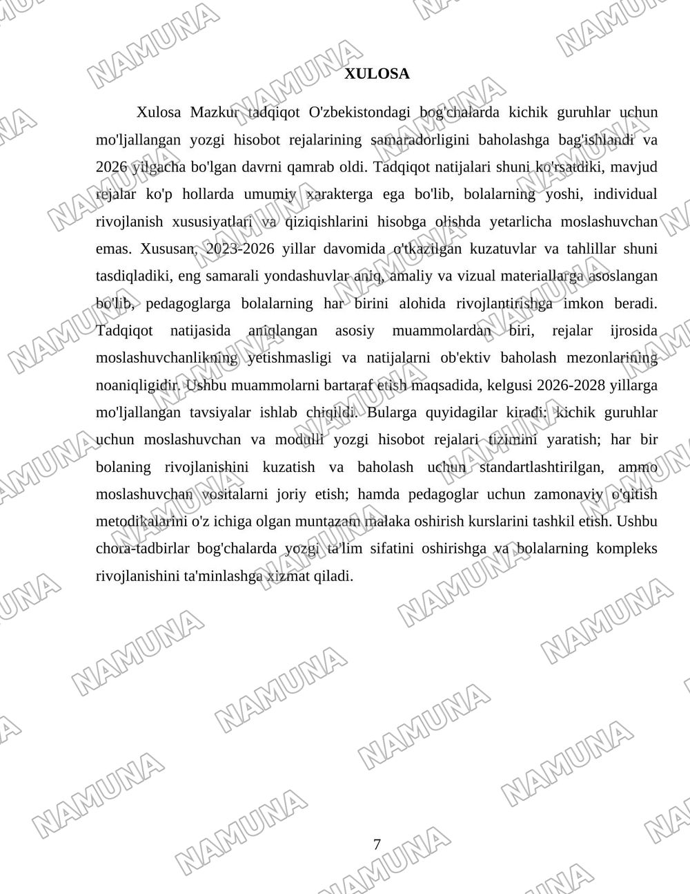 Yozgi hisobot bog'cha uchun kichik guruh rejasi asosida — 7-varaq