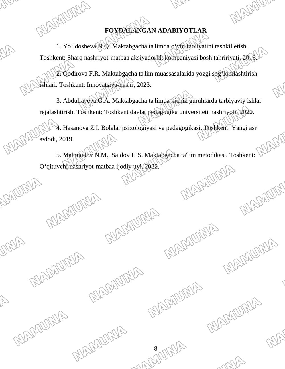 Yozgi hisobot bog'cha uchun kichik guruh rejasi asosida — 8-varaq