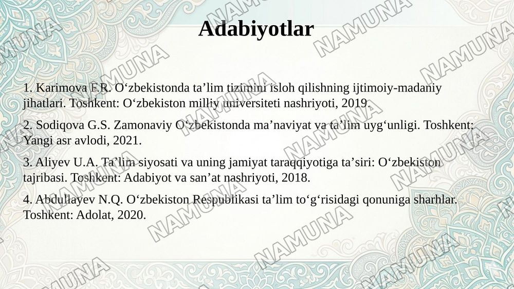Oʻzbekistonda taʼlim islohotlari va ularning ijtimoiy va madaniy hayotda aks etishi — 11-slayd
