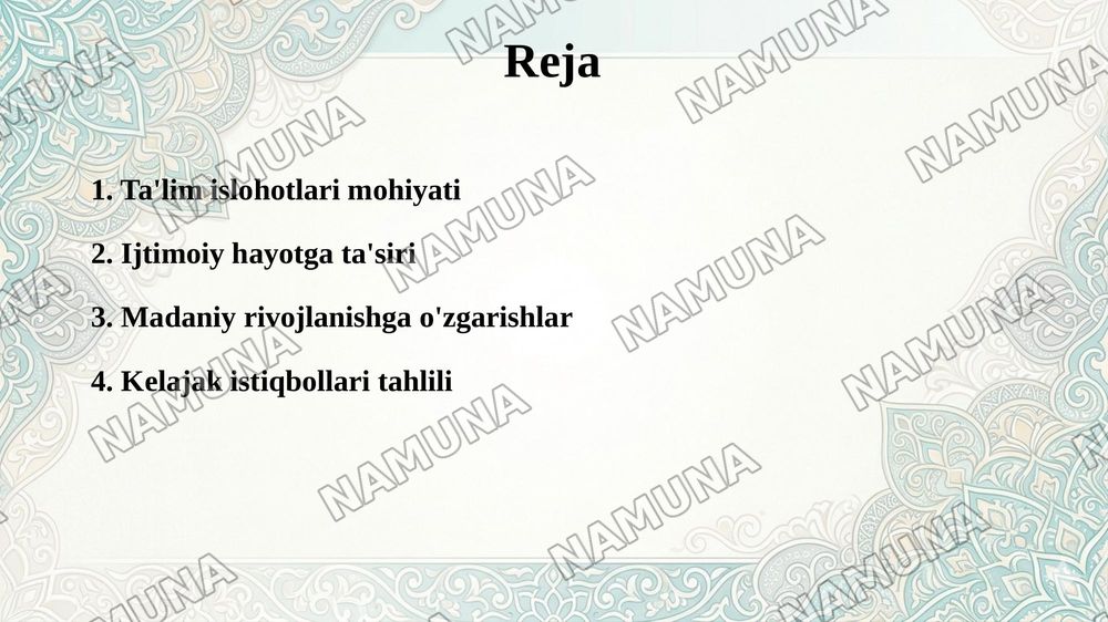 Oʻzbekistonda taʼlim islohotlari va ularning ijtimoiy va madaniy hayotda aks etishi — 2-slayd