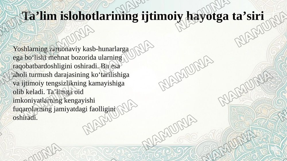 Oʻzbekistonda taʼlim islohotlari va ularning ijtimoiy va madaniy hayotda aks etishi — 5-slayd