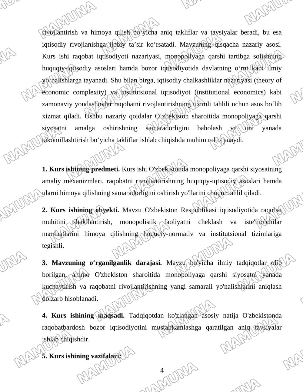 O'zbekistonda monopoliyaga qarshi siyosat va raqobatni rivojlantirish hamda himoya qilishni yanada kuchaytirish yo'llari — 4-varaq