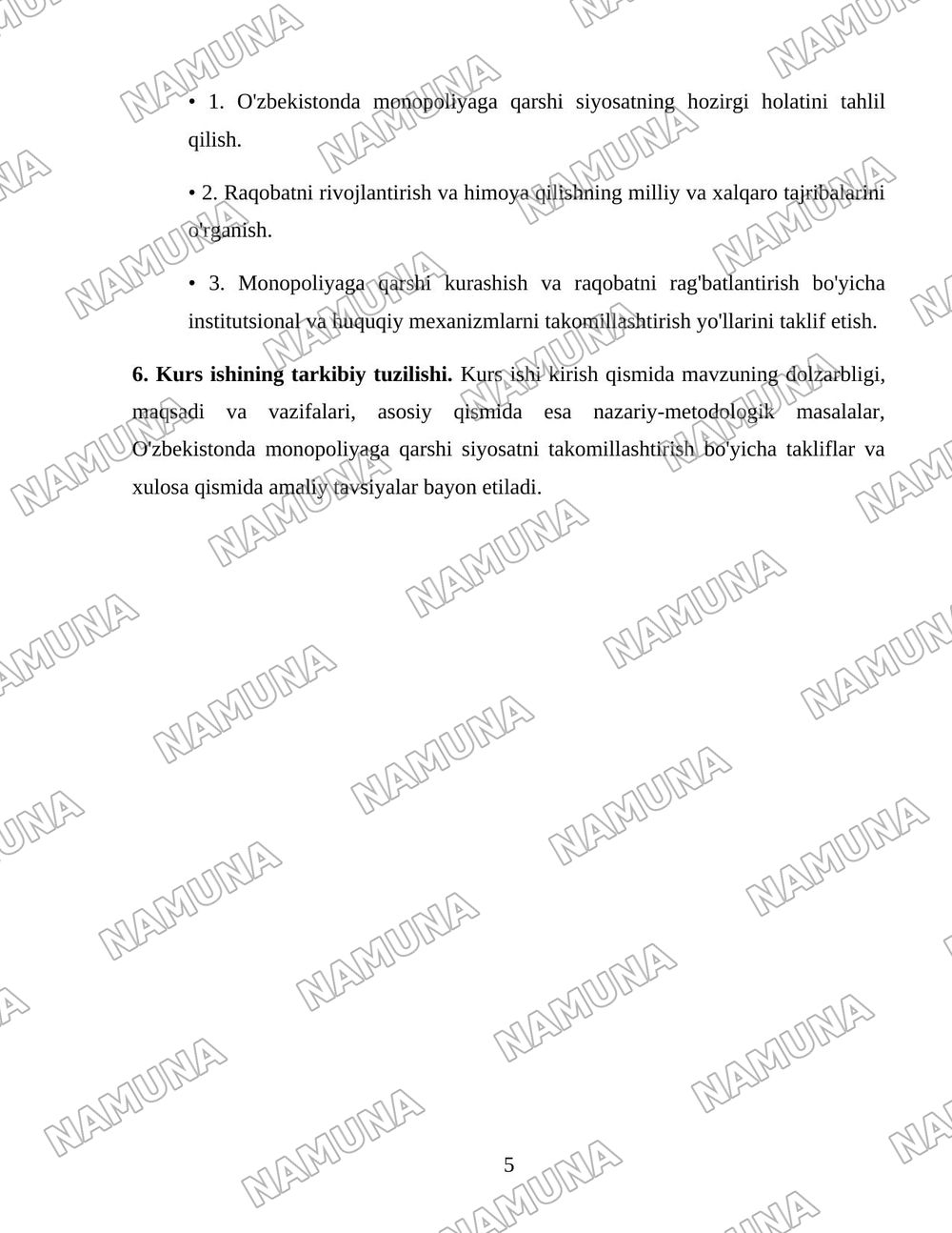 O'zbekistonda monopoliyaga qarshi siyosat va raqobatni rivojlantirish hamda himoya qilishni yanada kuchaytirish yo'llari — 5-varaq