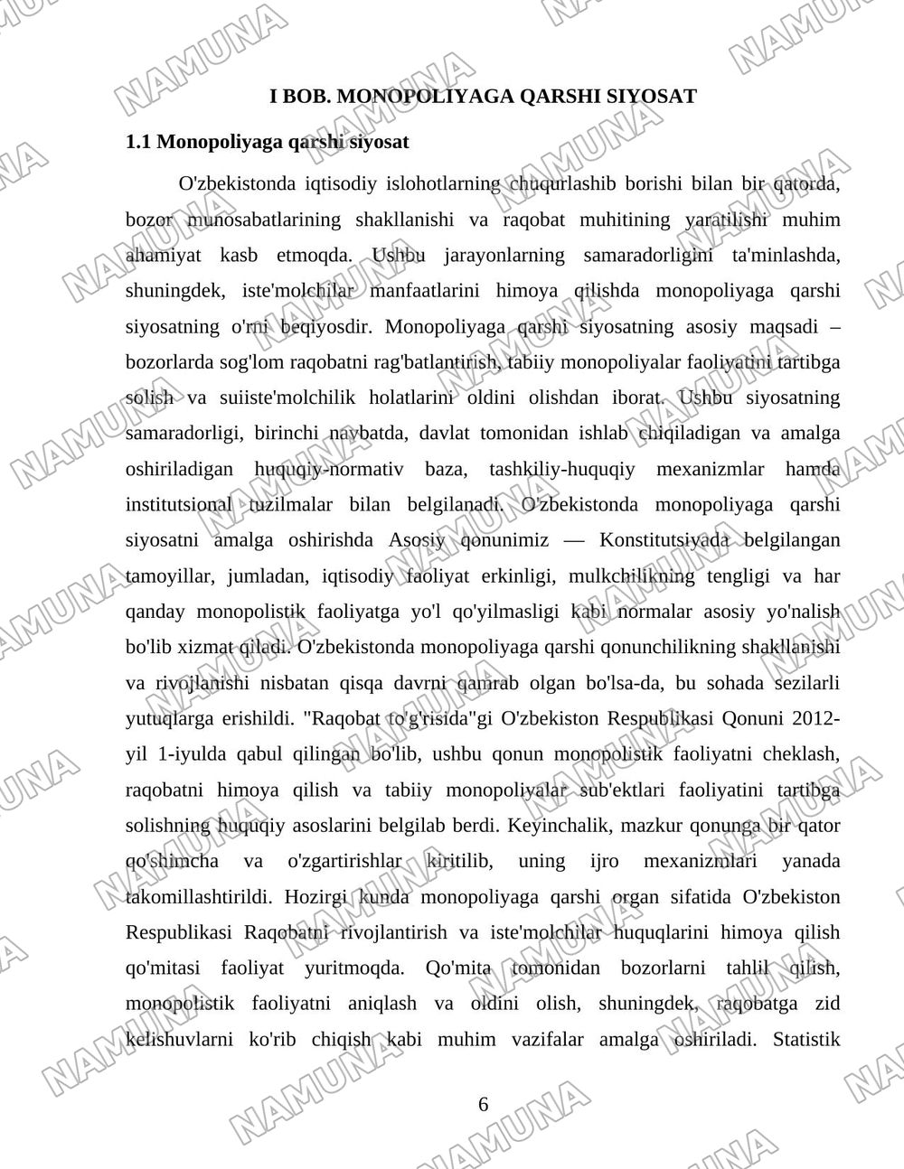 O'zbekistonda monopoliyaga qarshi siyosat va raqobatni rivojlantirish hamda himoya qilishni yanada kuchaytirish yo'llari — 6-varaq