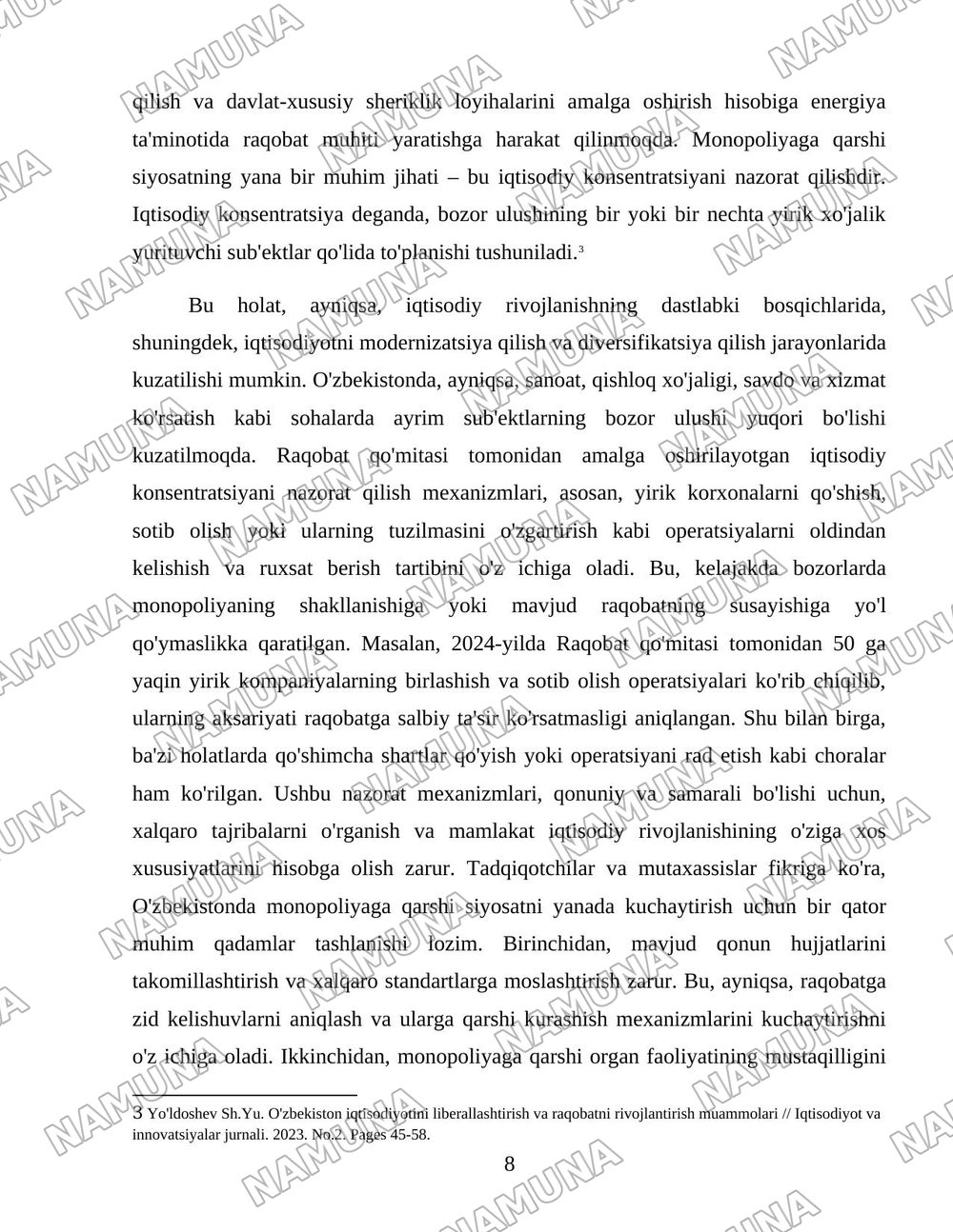 O'zbekistonda monopoliyaga qarshi siyosat va raqobatni rivojlantirish hamda himoya qilishni yanada kuchaytirish yo'llari — 8-varaq
