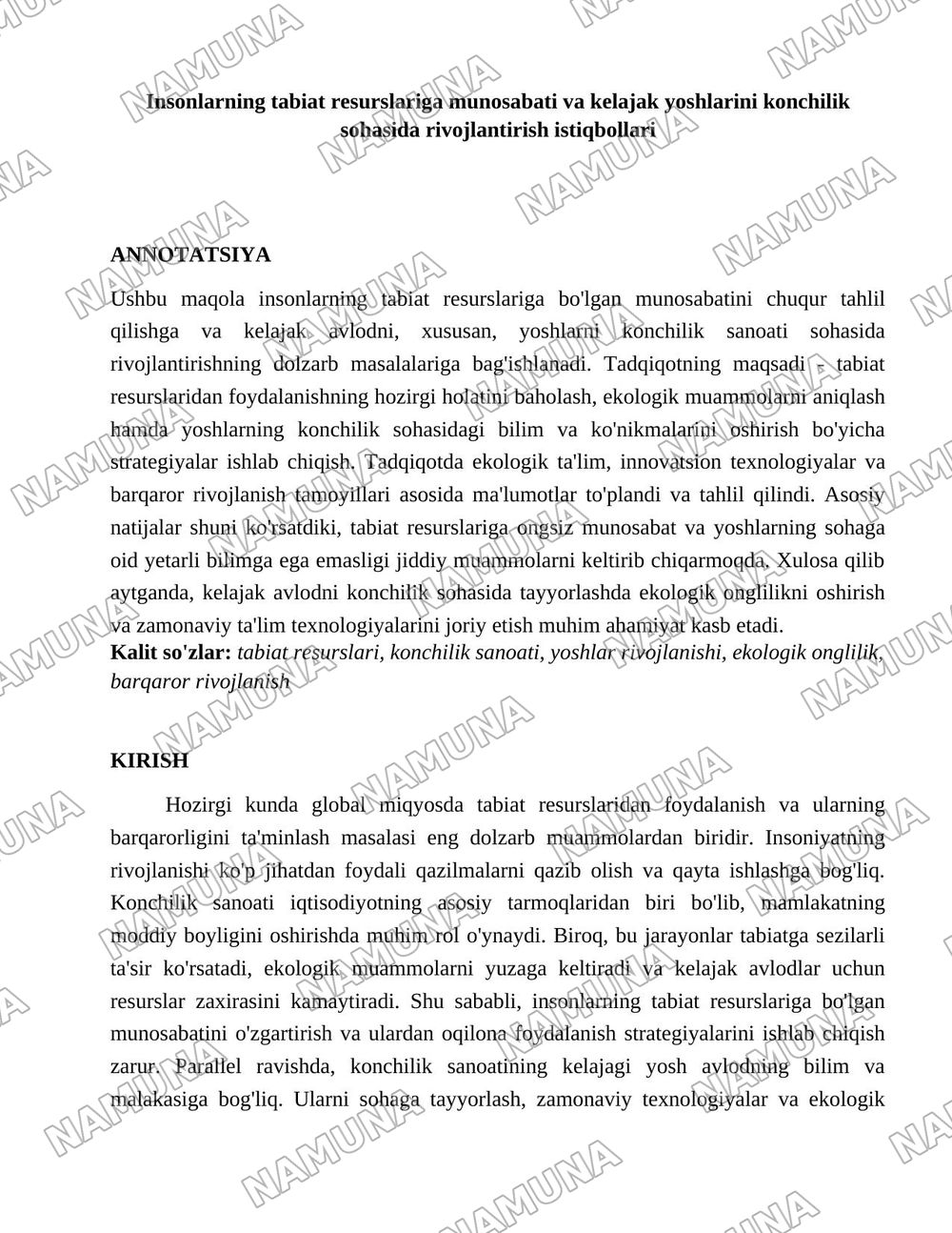 Insonlarning tabiat resurslariga munosabati va kelajak yoshlarini konchilik sohasida rivojlantirish — 1-varaq