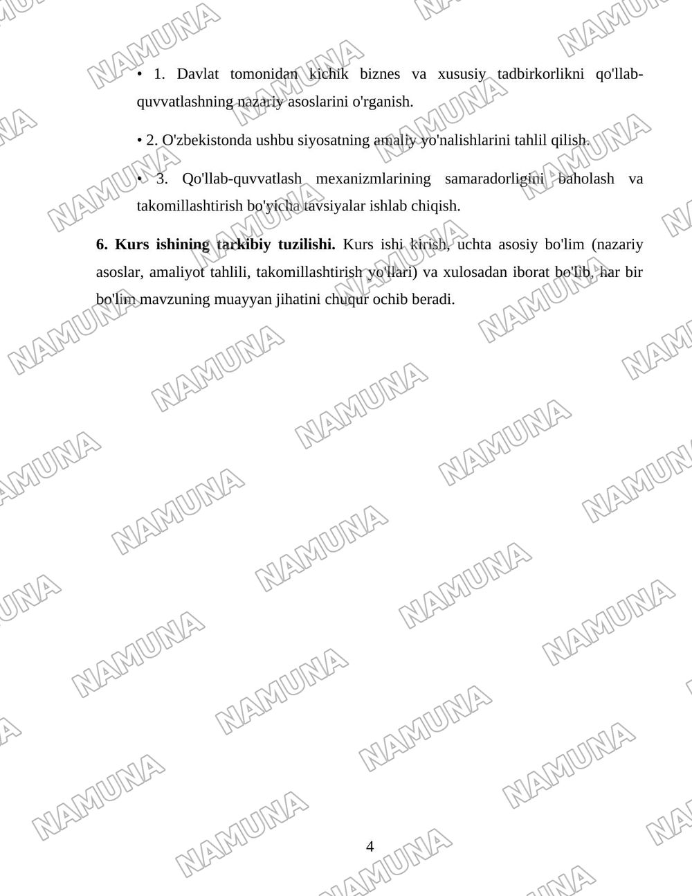 Kichik biznes va xususiy tadbirkorlikning rivojlanishini davlat tomonidan qo‘llab-quvvatlash siyosatining yo‘nalishlari. — 4-varaq