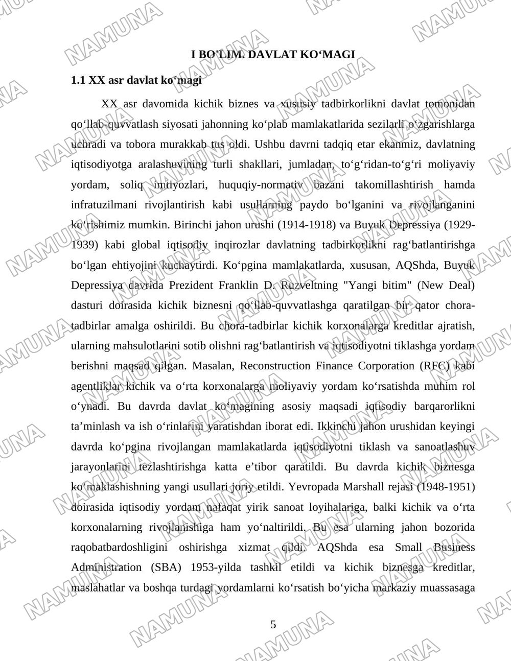 Kichik biznes va xususiy tadbirkorlikning rivojlanishini davlat tomonidan qo‘llab-quvvatlash siyosatining yo‘nalishlari. — 5-varaq