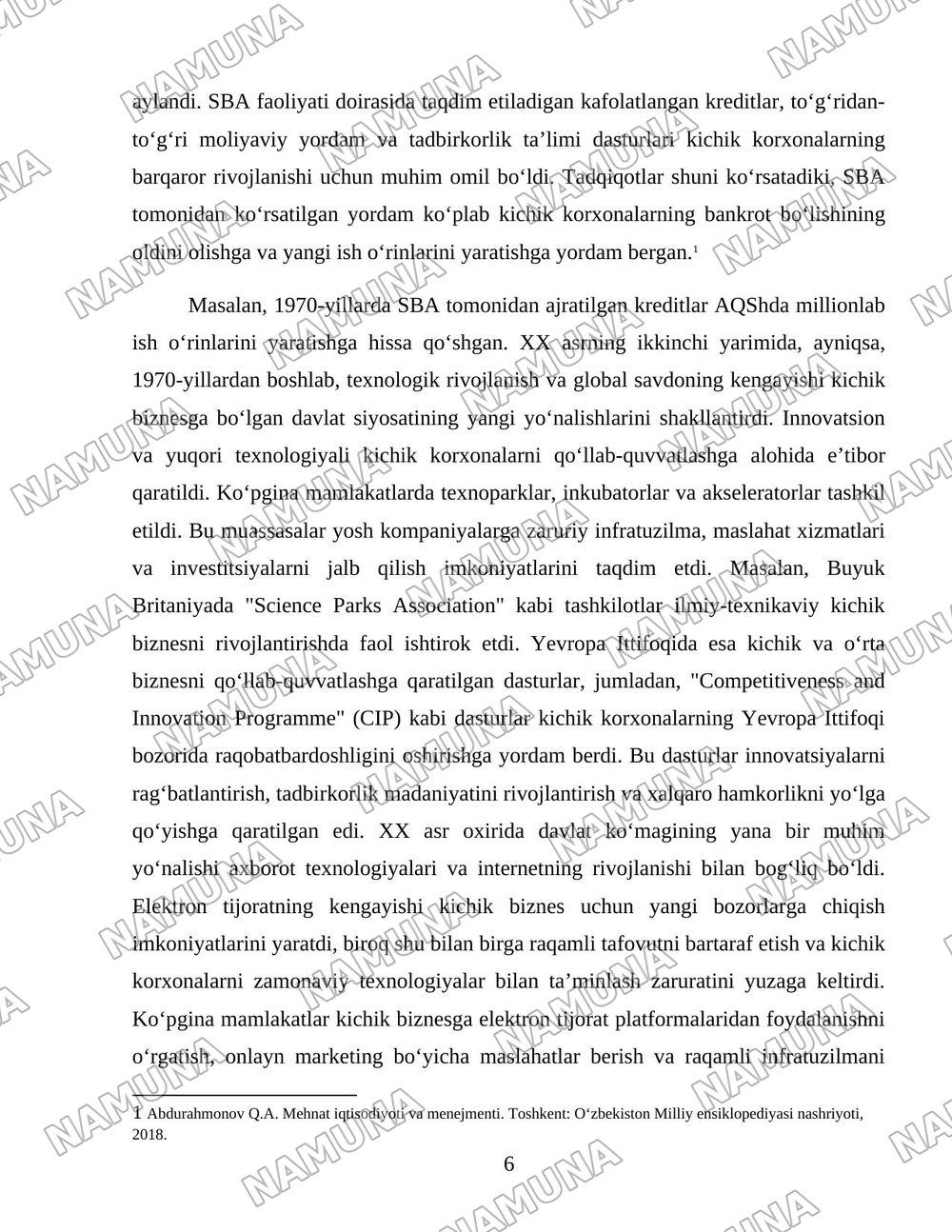 Kichik biznes va xususiy tadbirkorlikning rivojlanishini davlat tomonidan qo‘llab-quvvatlash siyosatining yo‘nalishlari. — 6-varaq