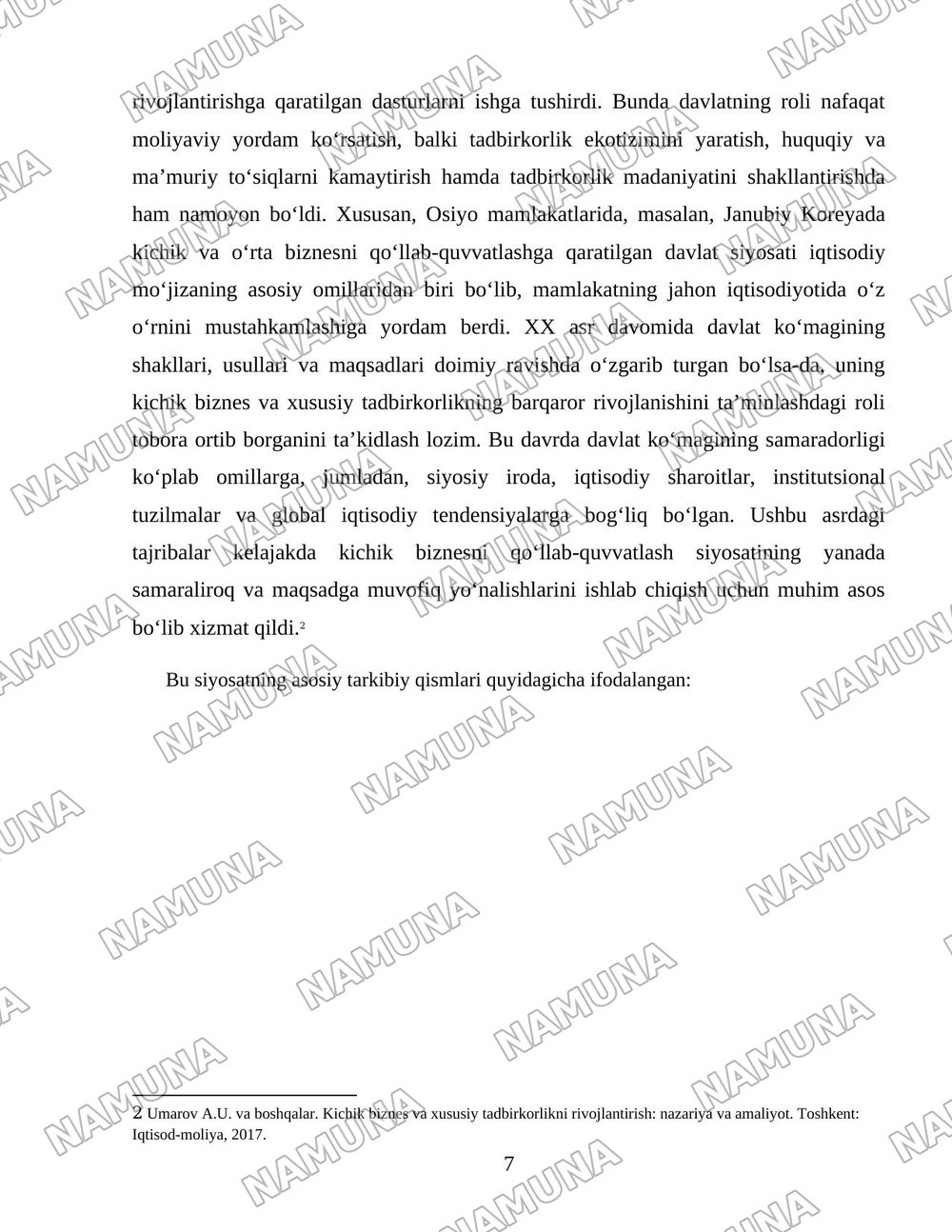Kichik biznes va xususiy tadbirkorlikning rivojlanishini davlat tomonidan qo‘llab-quvvatlash siyosatining yo‘nalishlari. — 7-varaq