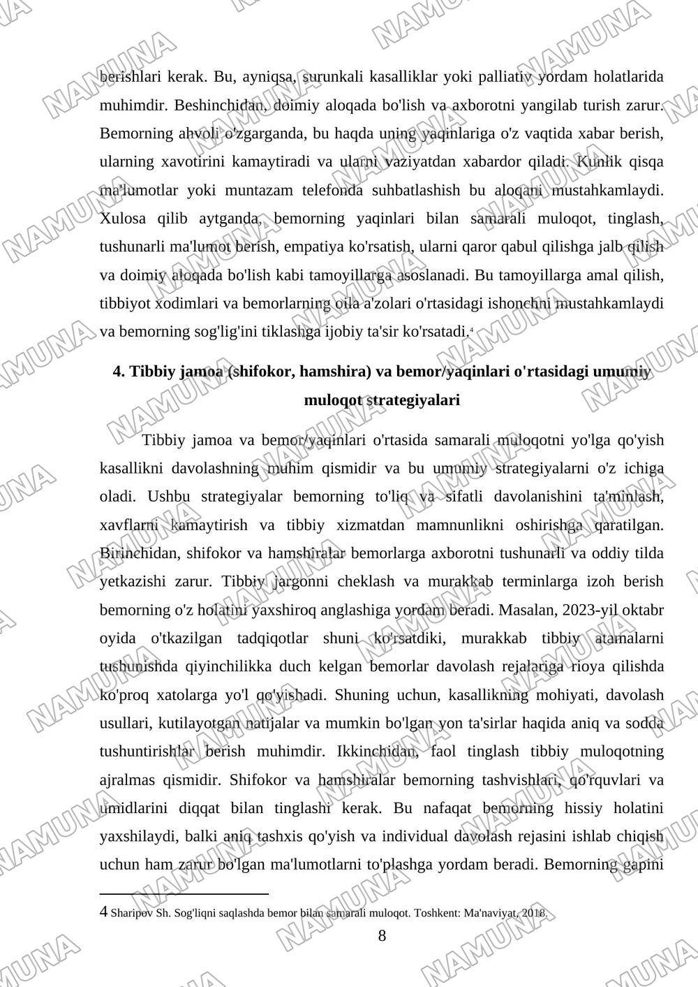 Samarali muloqot o'rnatishning asosiy texnikasi Shifokor, hamshira,bemor va uning yaqinlari o'rtasida — 8-varaq