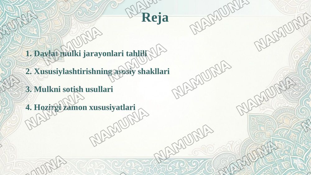 Oʻzbekistonda mulkni davlat tasarufidan chiqarish va xususiylashtirishning hozirgi zamondagi xususiyatlari asosiy shakillari va usullari. — 2-slayd