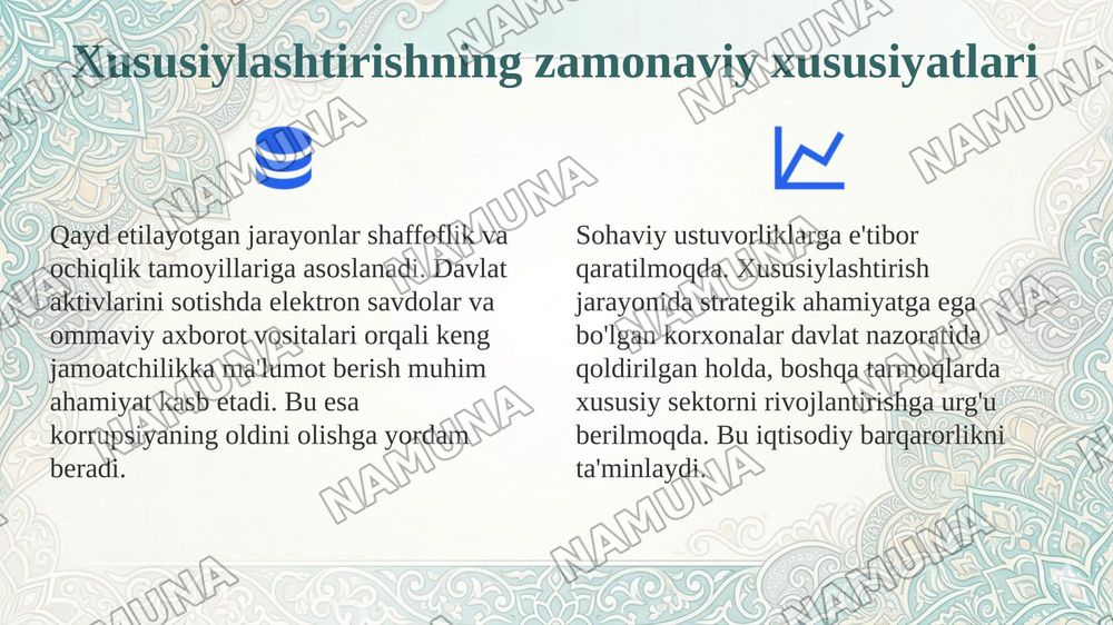 Oʻzbekistonda mulkni davlat tasarufidan chiqarish va xususiylashtirishning hozirgi zamondagi xususiyatlari asosiy shakillari va usullari. — 4-slayd