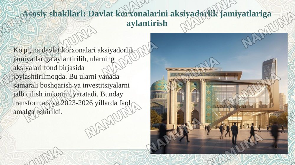 Oʻzbekistonda mulkni davlat tasarufidan chiqarish va xususiylashtirishning hozirgi zamondagi xususiyatlari asosiy shakillari va usullari. — 5-slayd