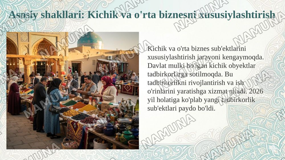Oʻzbekistonda mulkni davlat tasarufidan chiqarish va xususiylashtirishning hozirgi zamondagi xususiyatlari asosiy shakillari va usullari. — 6-slayd