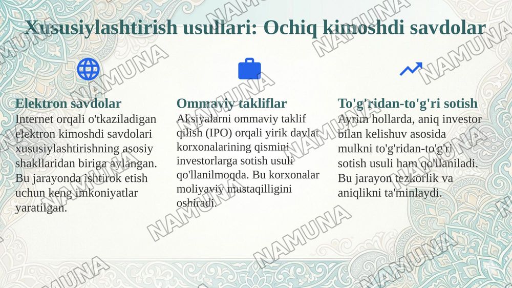 Oʻzbekistonda mulkni davlat tasarufidan chiqarish va xususiylashtirishning hozirgi zamondagi xususiyatlari asosiy shakillari va usullari. — 7-slayd