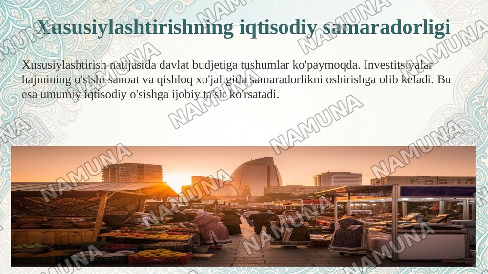 Oʻzbekistonda mulkni davlat tasarufidan chiqarish va xususiylashtirishning hozirgi zamondagi xususiyatlari asosiy shakillari va usullari. — 8-slayd