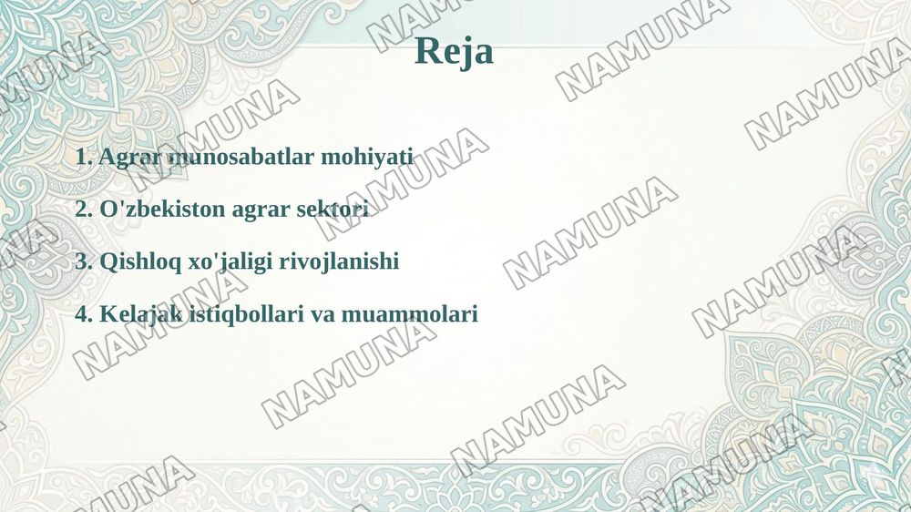 O'zbekistonda agrar munosabatlar va ularning o'ziga xos xususiyatlari — 2-slayd