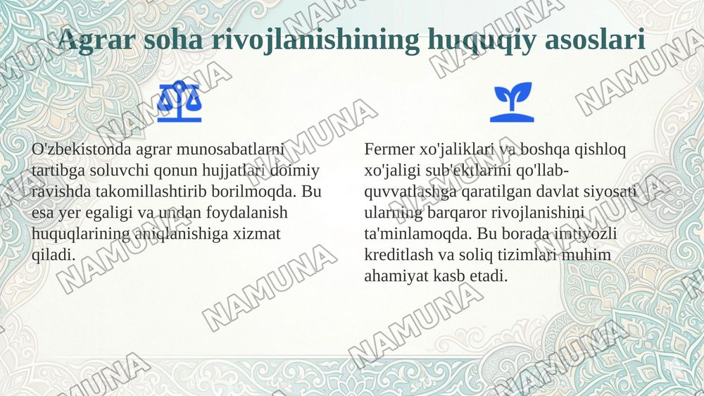 O'zbekistonda agrar munosabatlar va ularning o'ziga xos xususiyatlari — 4-slayd
