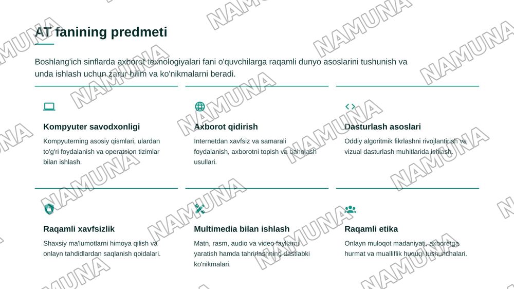"Boshlang‘ich sinflarda axborot texnologiyalari fanining predmeti, maqsadi va vazifalari. Axborot texnologiyalari zamonaviy texnik va dasturiy vositalari" — 4-slayd
