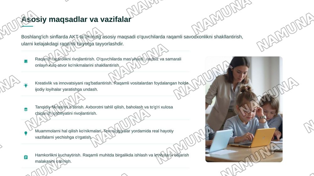 "Boshlang‘ich sinflarda axborot texnologiyalari fanining predmeti, maqsadi va vazifalari. Axborot texnologiyalari zamonaviy texnik va dasturiy vositalari" — 5-slayd