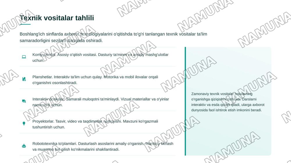 "Boshlang‘ich sinflarda axborot texnologiyalari fanining predmeti, maqsadi va vazifalari. Axborot texnologiyalari zamonaviy texnik va dasturiy vositalari" — 8-slayd