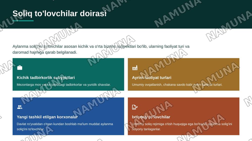 aylanmadan olinadigan soliqni hisoblab chiqarish soliq hisobotini taqdim etish hamda tolash tartibi — 4-slayd