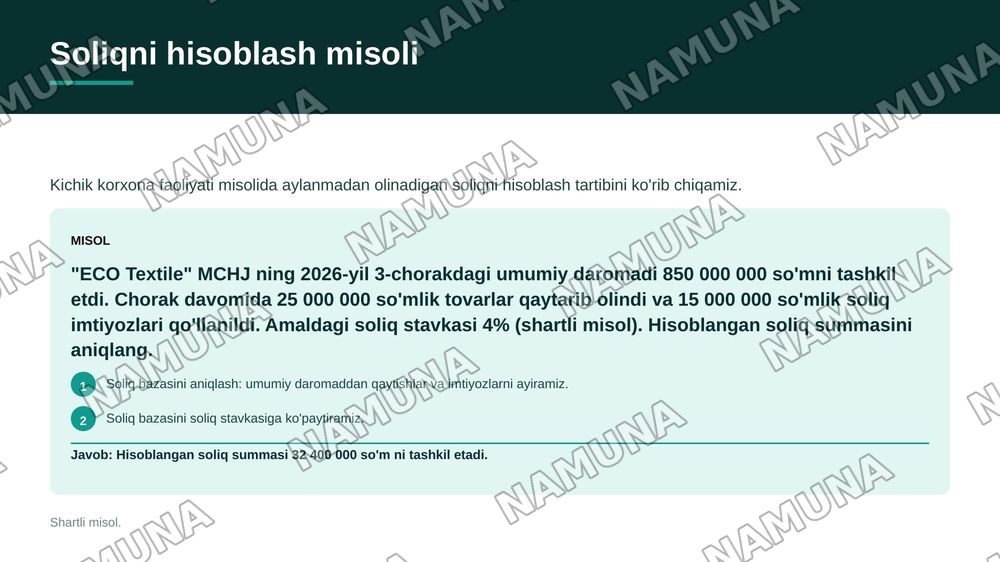 aylanmadan olinadigan soliqni hisoblab chiqarish soliq hisobotini taqdim etish hamda tolash tartibi — 8-slayd