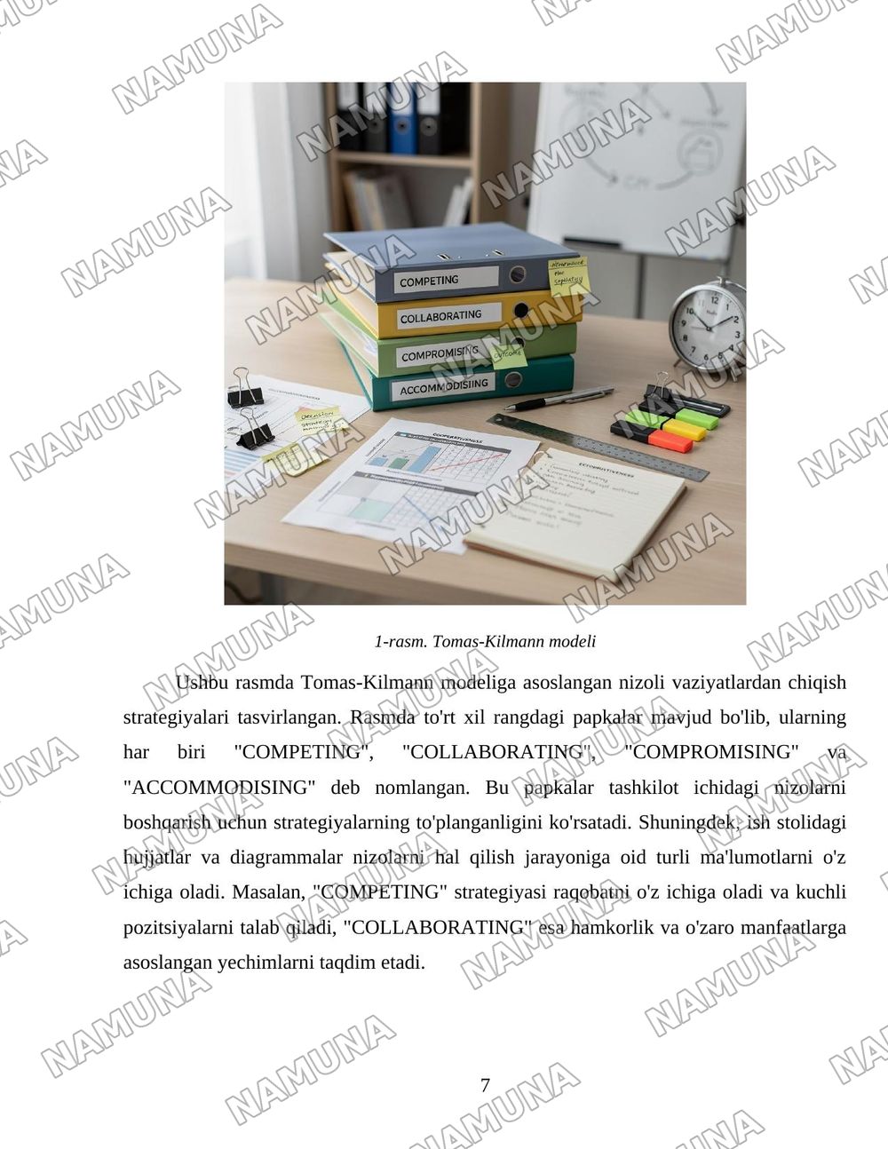 Tashkilotdagi nizolarning kelib chiqish sabablarini guruhlang.Tomas-Kilmann modeliga binoan nizoli vaziyatlardan chiqishning 5xil strategiyasiga amaliy misollar keltiring — 7-varaq