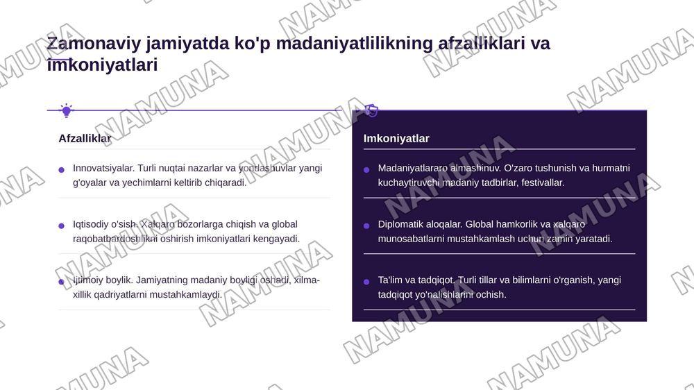 Ko'p madaniyatlilik tushunchasi, uning mazmun-mohiyati va zamonaviy jamiyatdagi ahamiyati. — 5-slayd