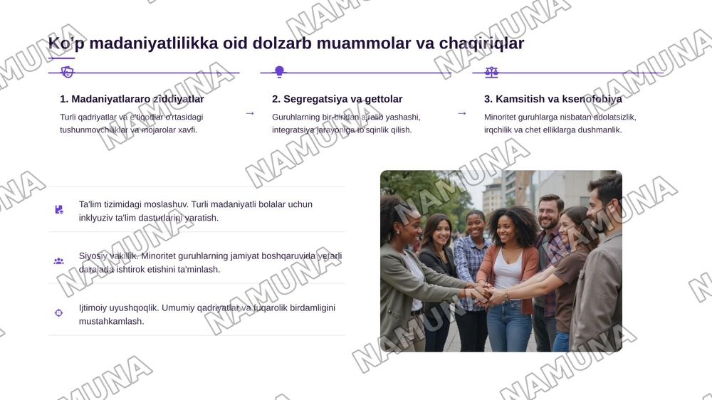 Ko'p madaniyatlilik tushunchasi, uning mazmun-mohiyati va zamonaviy jamiyatdagi ahamiyati. — 6-slayd