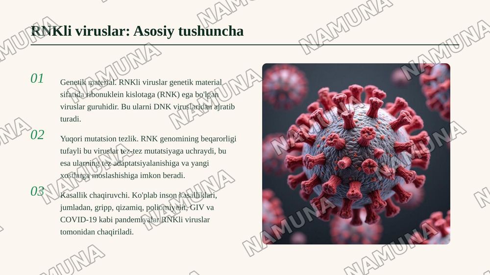 1. RNKli viruslar, ularning turlari va ebola virusi. — 3-slayd